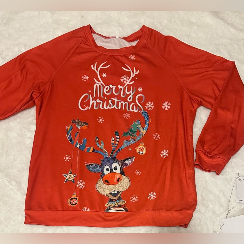 “Merry Christmas” Red Christmas Crewneck with Raindeer Design size Large